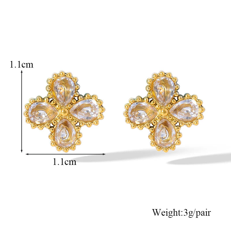 1007 Stainless Steel White Zircon Flower Necklace, Bracelet & Earrings Set