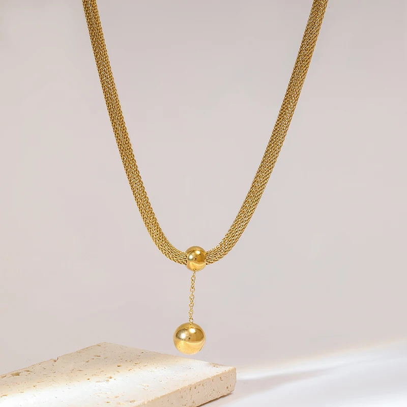 1007 Stainless Steel Gold Bead Pendant Necklace & Earrings Set