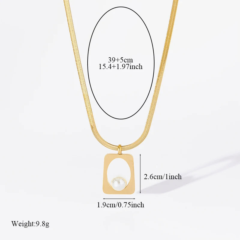 1007 Stainless Steel Geometric Pearl Necklace & Earrings Set