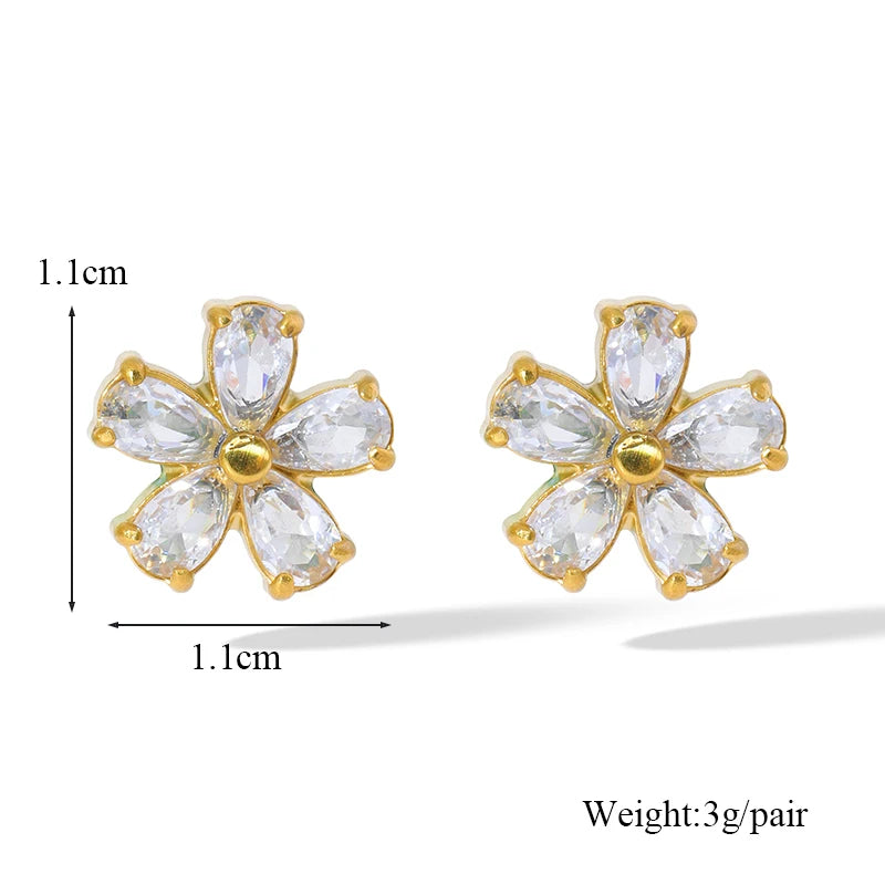 1007 Stainless Steel White Zircon Flower Necklace, Bracelet & Earrings Set