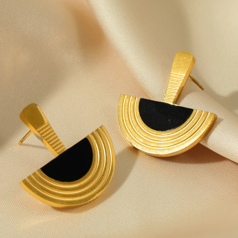 1007 Stainless Steel Geometric Semicircle Necklace & Earrings Set