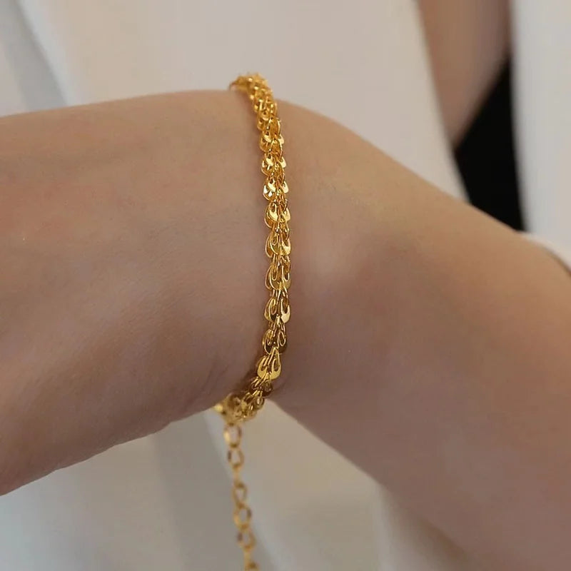 1007 Stainless Steel Gold Wheat Chain Necklace & Bracelet Set