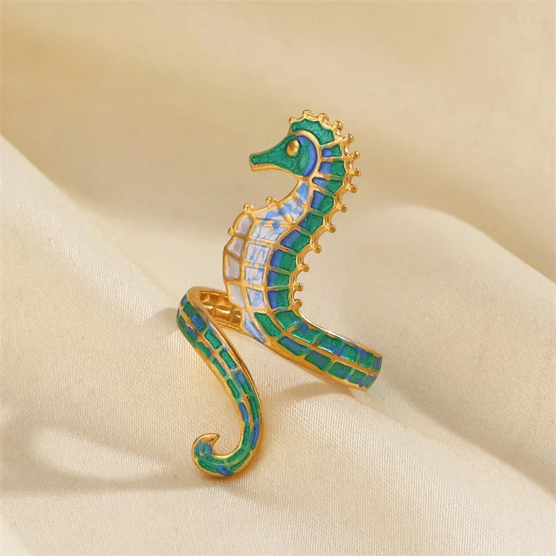 1007 Enamel Seahorse Adjustable Ring