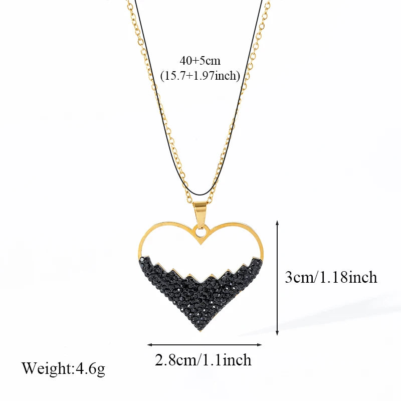 1007 Stainless Steel Heart Black Stone Necklace & Earrings Set