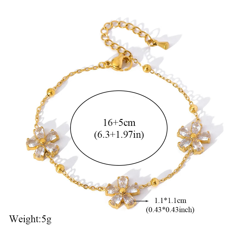 1007 Stainless Steel White Zircon Flower Necklace, Bracelet & Earrings Set