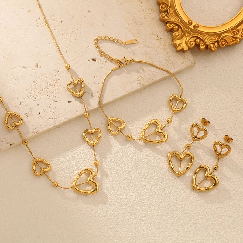 1007 Golden Hollow Heart Necklace, Bracelet & Earrings Set