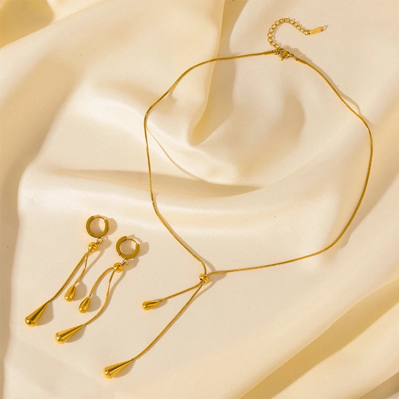 1007 Stainless Steel Geometric Pearl Necklace & Earrings Set