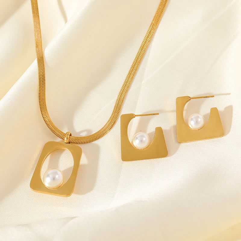 1007 Stainless Steel Geometric Pearl Necklace & Earrings Set