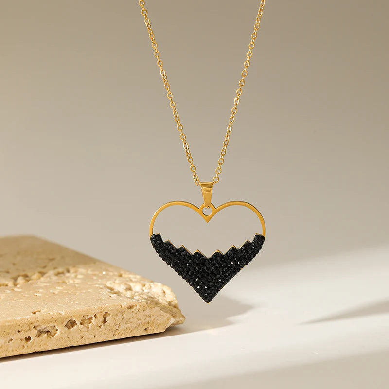 1007 Stainless Steel Heart Black Stone Necklace & Earrings Set