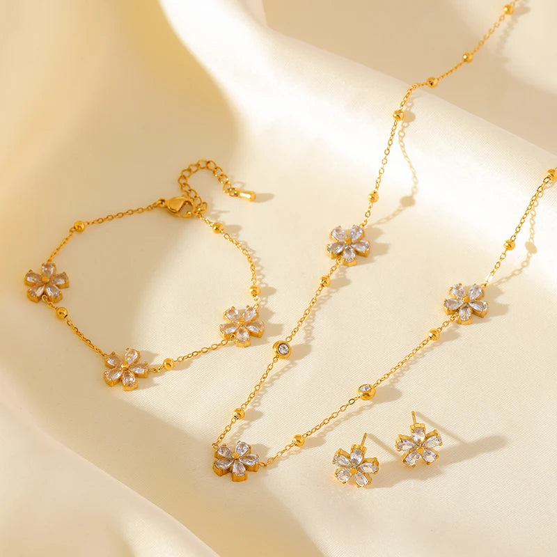1007 Stainless Steel White Zircon Flower Necklace, Bracelet & Earrings Set