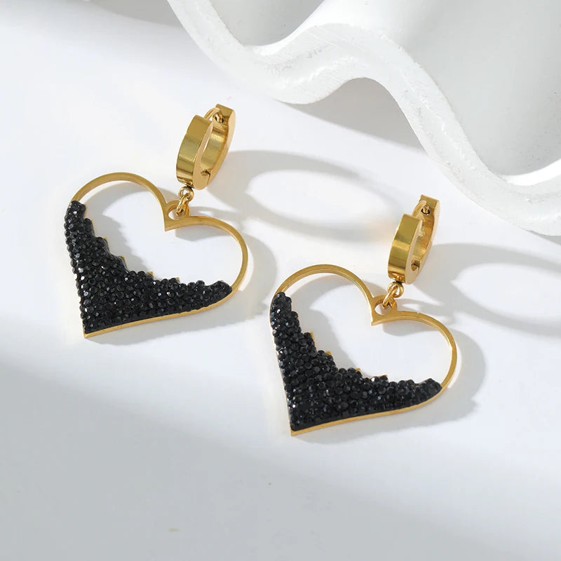 1007 Stainless Steel Heart Black Stone Necklace & Earrings Set