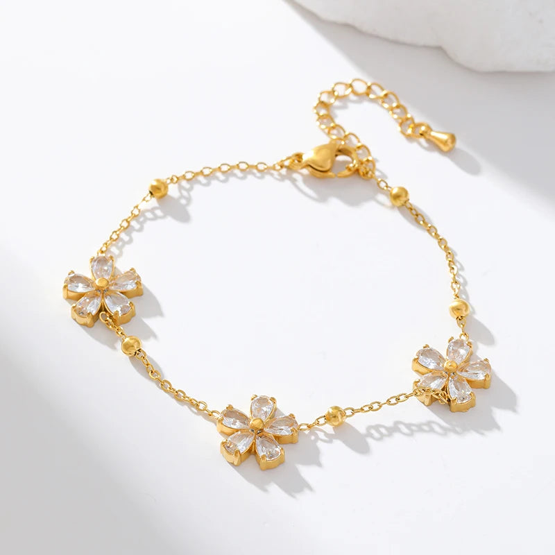 1007 Stainless Steel White Zircon Flower Necklace, Bracelet & Earrings Set
