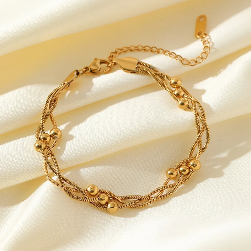1007 Stainless Steel Gold Beaded Wound Chain Bracelet