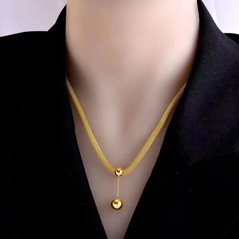 1007 Stainless Steel Gold Bead Pendant Necklace & Earrings Set