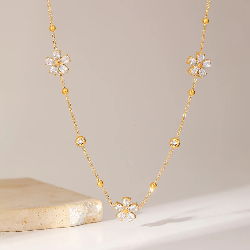 1007 Stainless Steel White Zircon Flower Necklace, Bracelet & Earrings Set