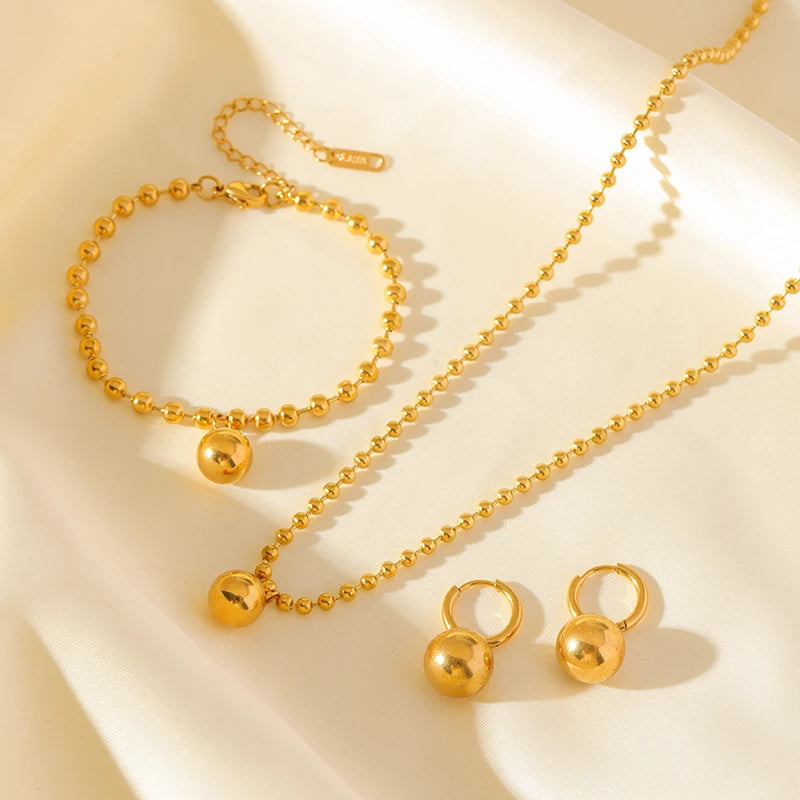 1007 Stainless Steel Bead Ball Necklace, Bracelet & Earrings Set