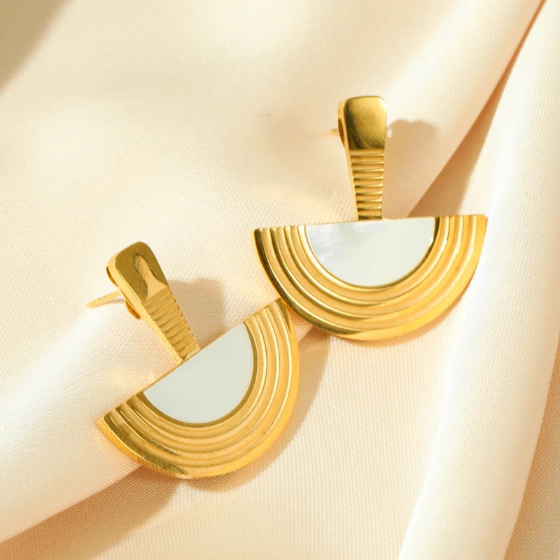 1007 Stainless Steel Geometric Semicircle Necklace & Earrings Set