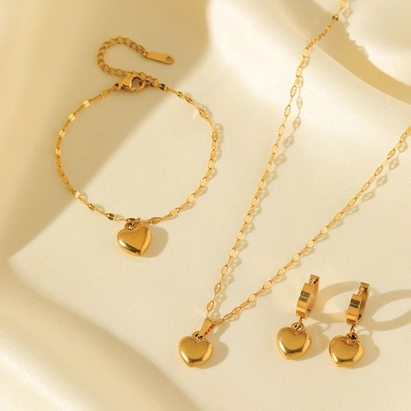 1007 Stainless Steel Heart Love Necklace, Bracelet & Earrings Set