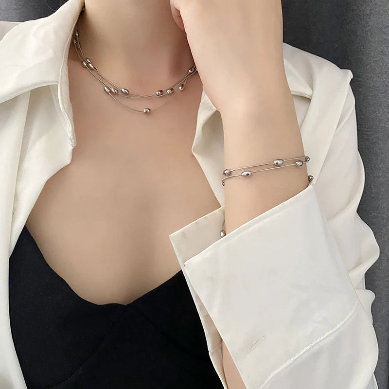 1007 Stainless Steel Multi-Layer Chain Necklace & Bracelet Set