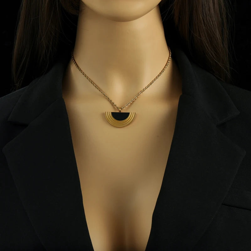 1007 Stainless Steel Geometric Semicircle Necklace & Earrings Set