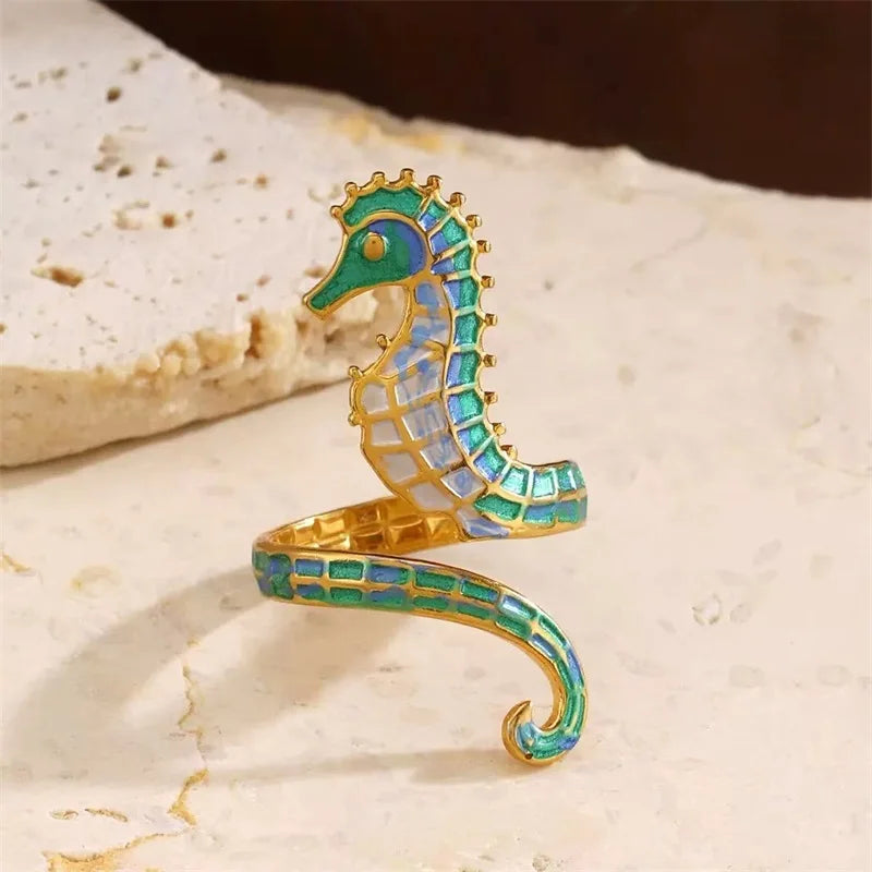 1007 Enamel Seahorse Adjustable Ring