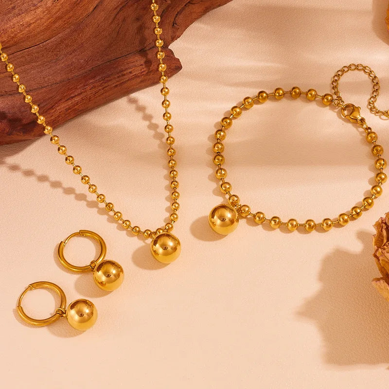 1007 Stainless Steel Bead Ball Necklace, Bracelet & Earrings Set