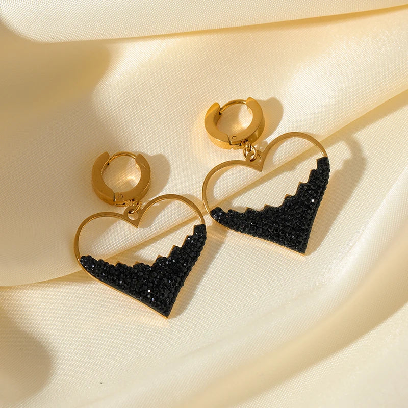 1007 Stainless Steel Heart Black Stone Necklace & Earrings Set