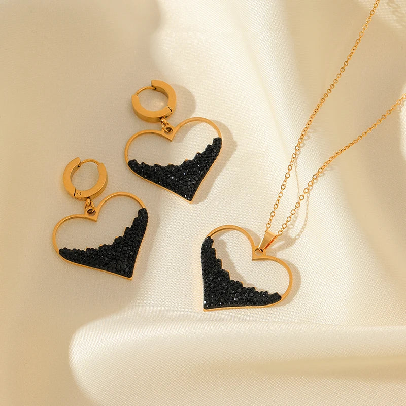 1007 Stainless Steel Heart Black Stone Necklace & Earrings Set