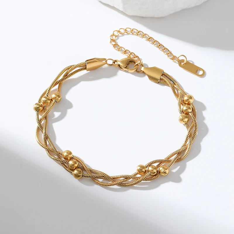 1007 Stainless Steel Gold Beaded Wound Chain Bracelet