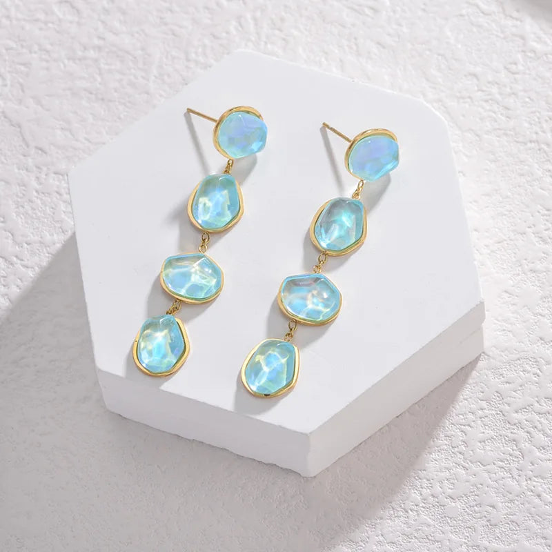 1007 Stainless Steel Blue Stone Drop Dangle Earrings