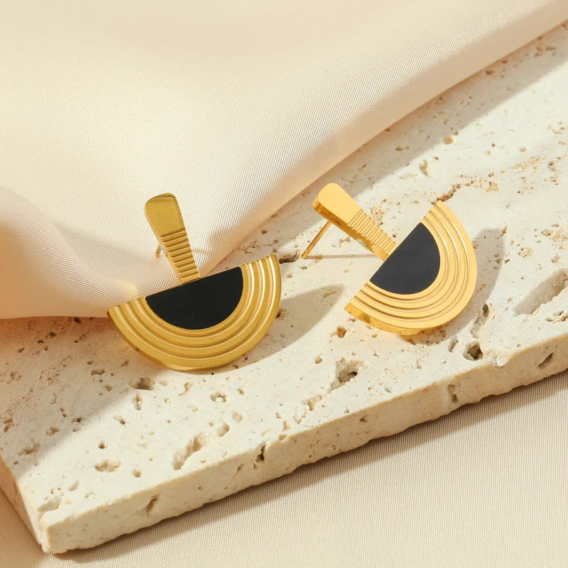 1007 Stainless Steel Geometric Semicircle Necklace & Earrings Set