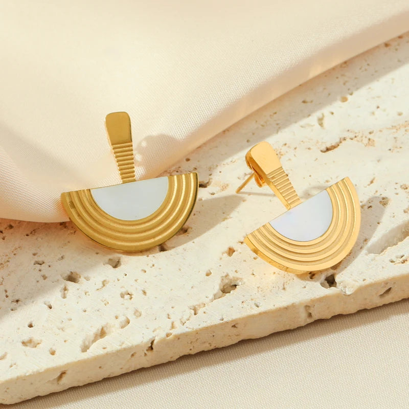 1007 Stainless Steel Geometric Semicircle Necklace & Earrings Set