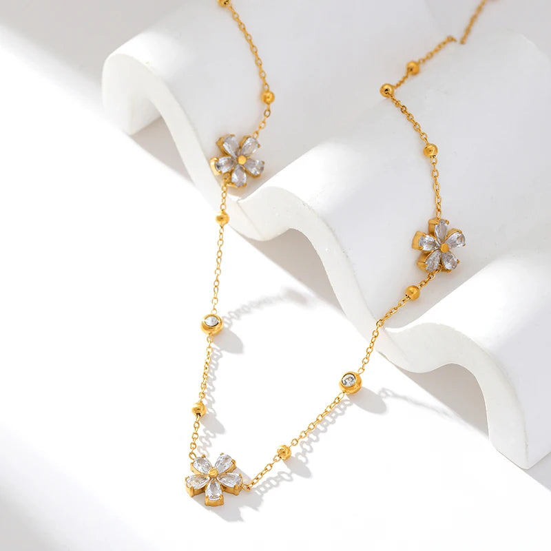 1007 Stainless Steel White Zircon Flower Necklace, Bracelet & Earrings Set
