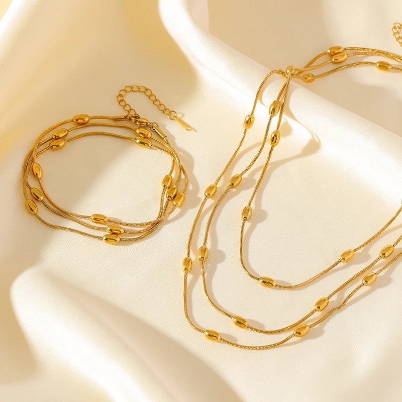 1007 Stainless Steel Multi-Layer Chain Necklace & Bracelet Set