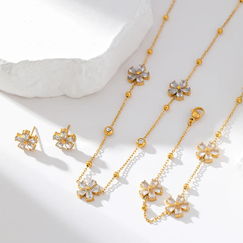 1007 Stainless Steel White Zircon Flower Necklace, Bracelet & Earrings Set