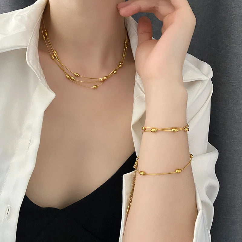 1007 Stainless Steel Multi-Layer Chain Necklace & Bracelet Set