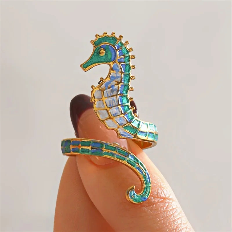 1007 Enamel Seahorse Adjustable Ring – R154