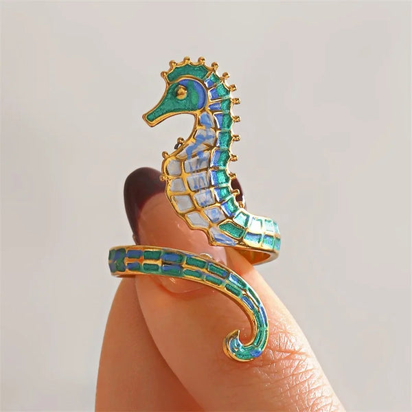 Enamel Seahorse Adjustable Ring