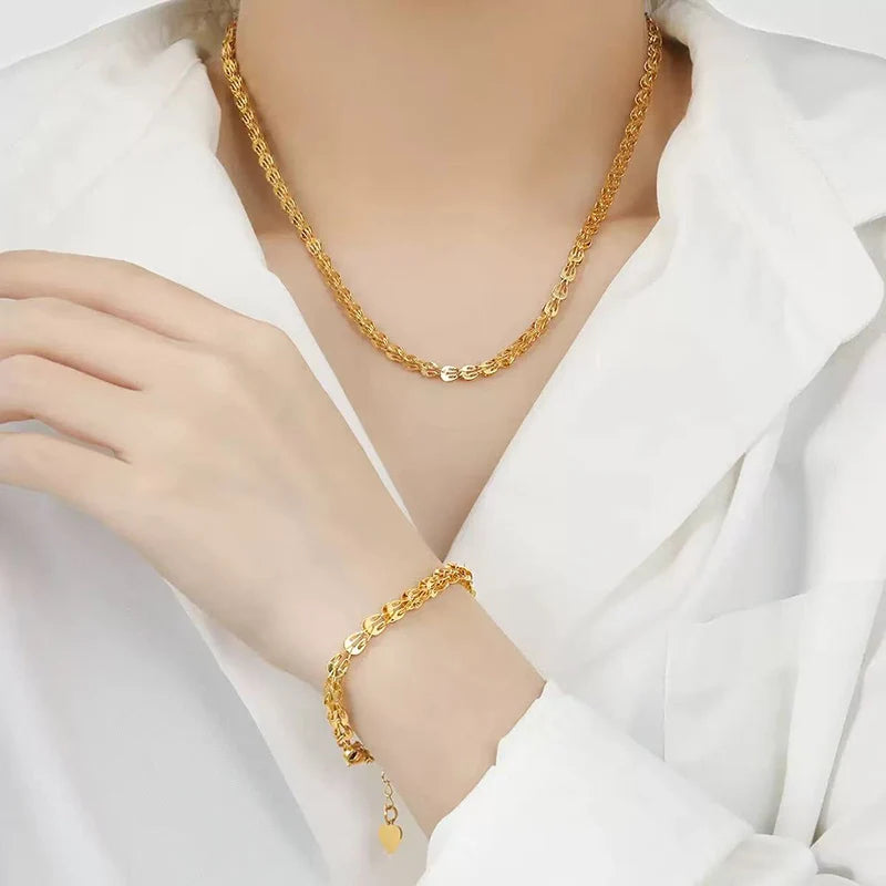 1007 Stainless Steel Gold Wheat Chain Necklace & Bracelet Set