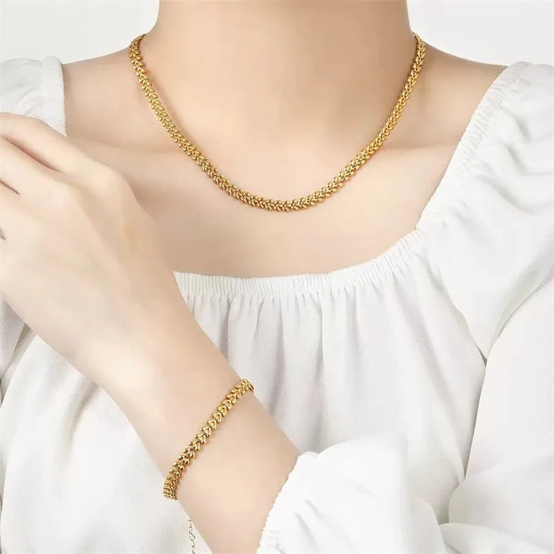 1007 Stainless Steel Gold Wheat Chain Necklace & Bracelet Set