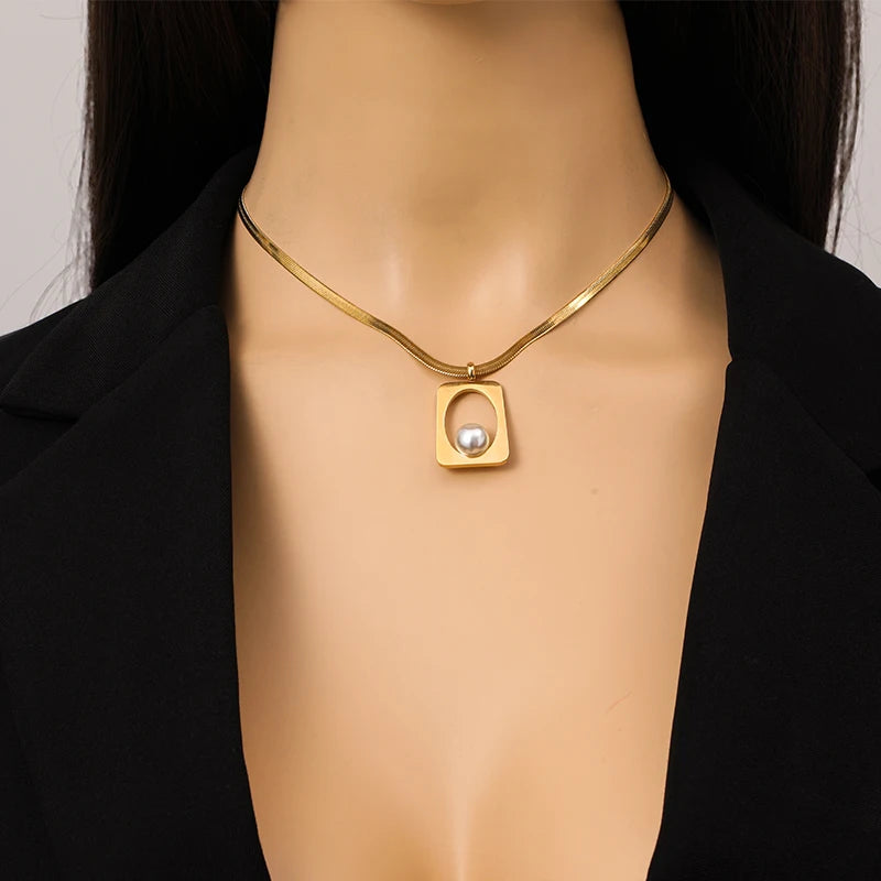 1007 Stainless Steel Geometric Pearl Necklace & Earrings Set