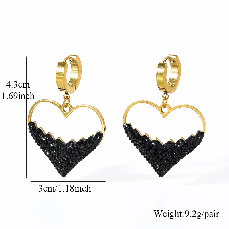 1007 Stainless Steel Heart Black Stone Necklace & Earrings Set