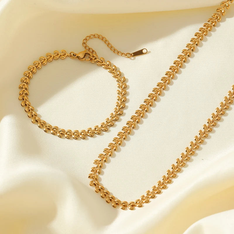 1007 Stainless Steel Gold Wheat Chain Necklace & Bracelet Set