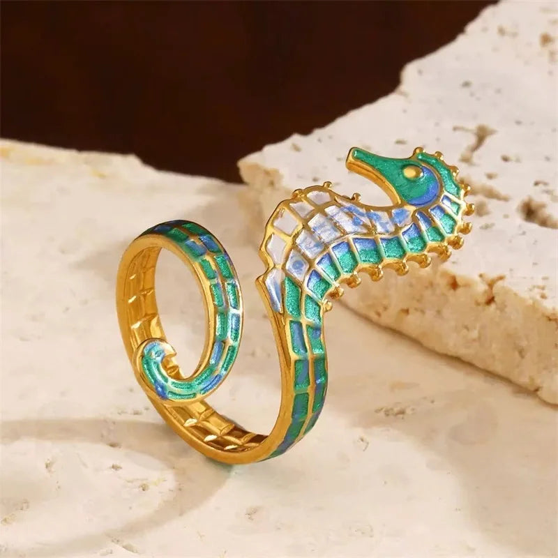 1007 Enamel Seahorse Adjustable Ring