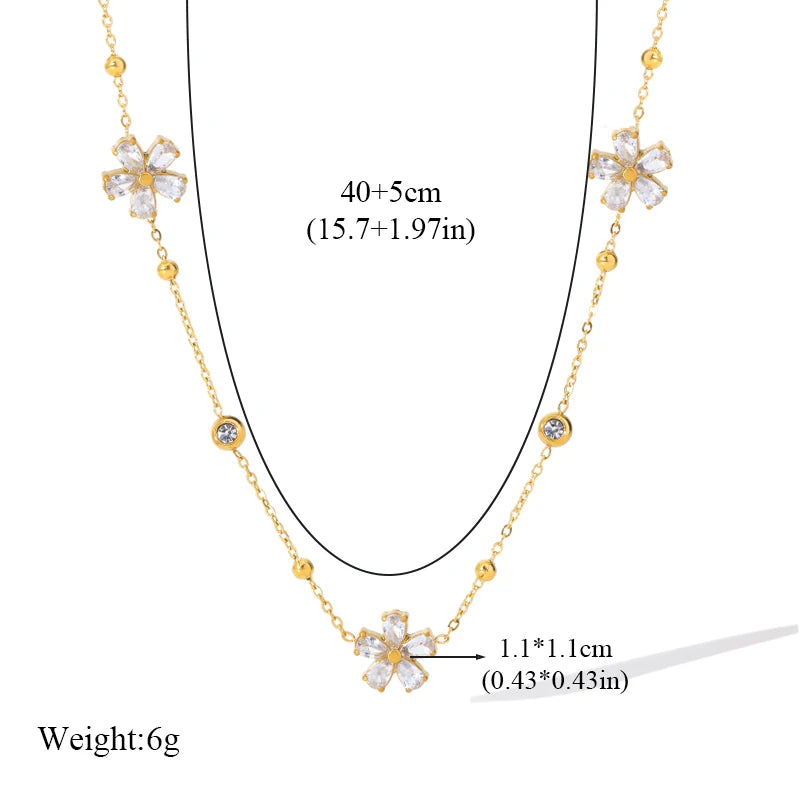 1007 Stainless Steel White Zircon Flower Necklace, Bracelet & Earrings Set