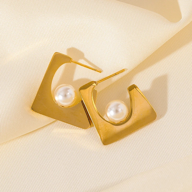 1007 Stainless Steel Geometric Pearl Necklace & Earrings Set