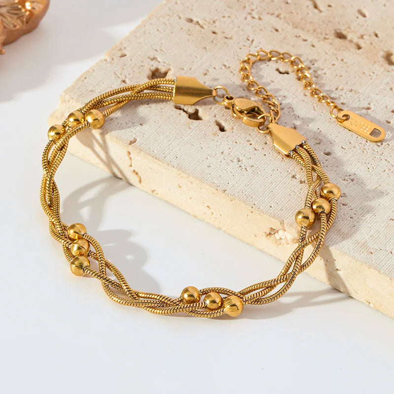 1007 Stainless Steel Gold Beaded Wound Chain Bracelet