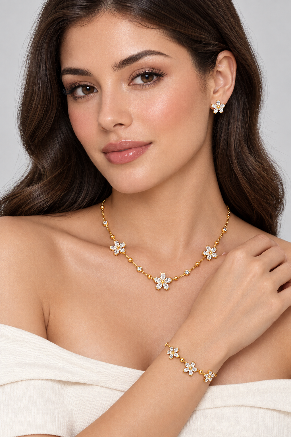 1007 Stainless Steel White Zircon Flower Necklace, Bracelet & Earrings Set