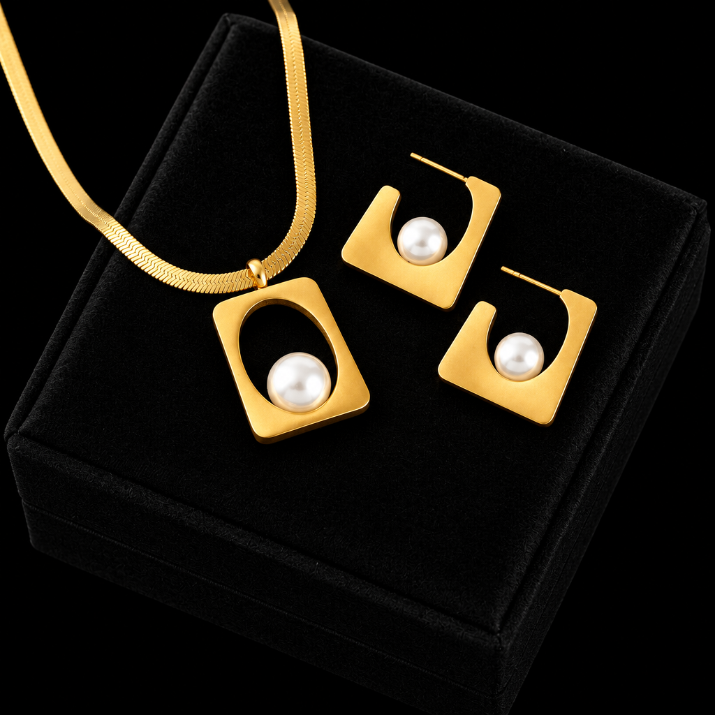 1007 Stainless Steel Geometric Pearl Necklace & Earrings Set