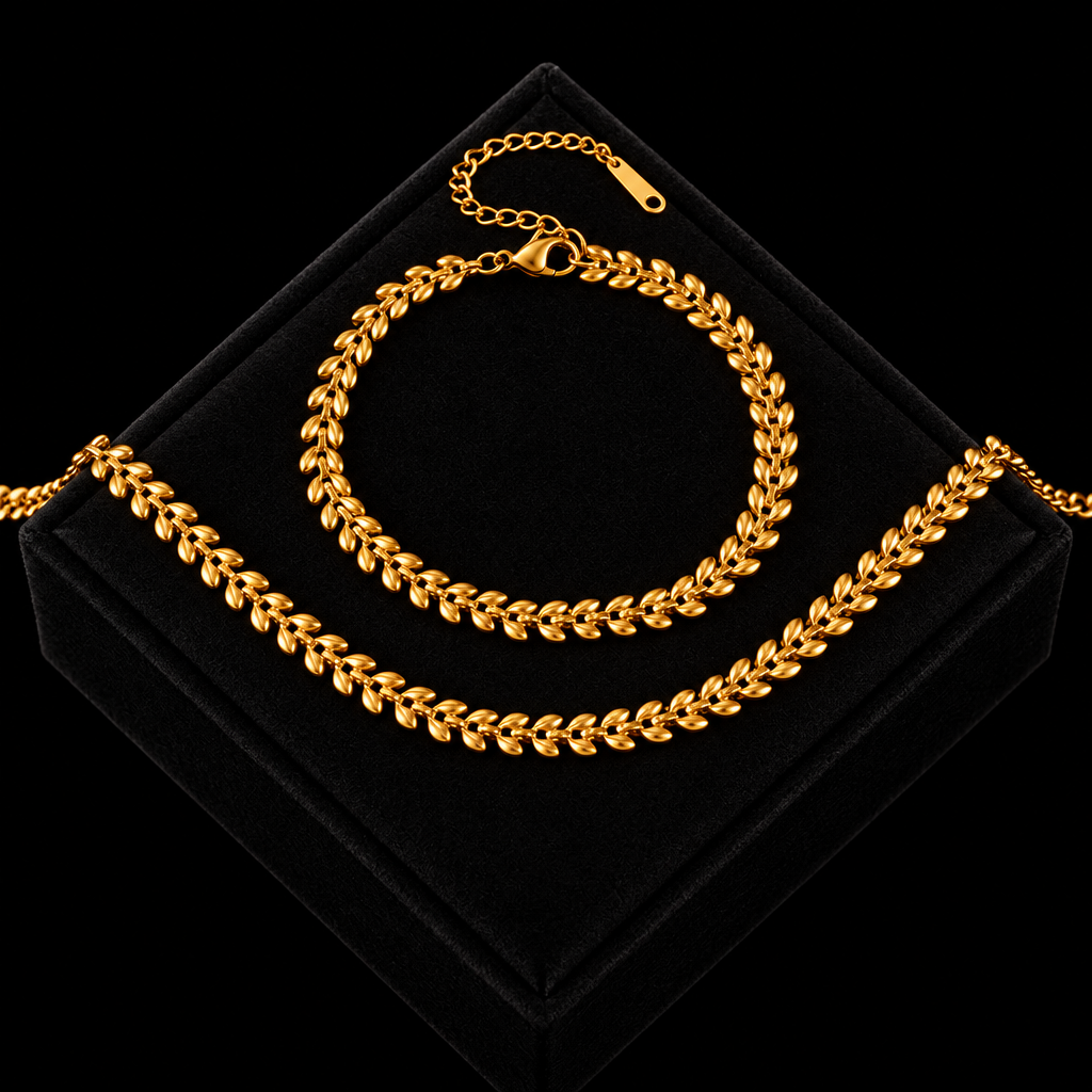 1007 Stainless Steel Gold Wheat Chain Necklace & Bracelet Set